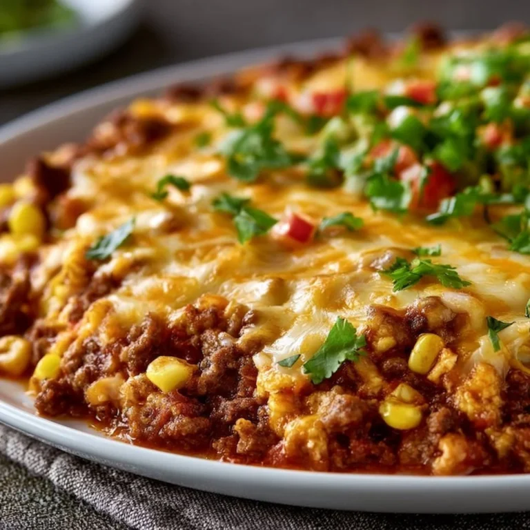 Cheesy Ground Beef Taco Skillet topped with melted cheese and fresh toppings.