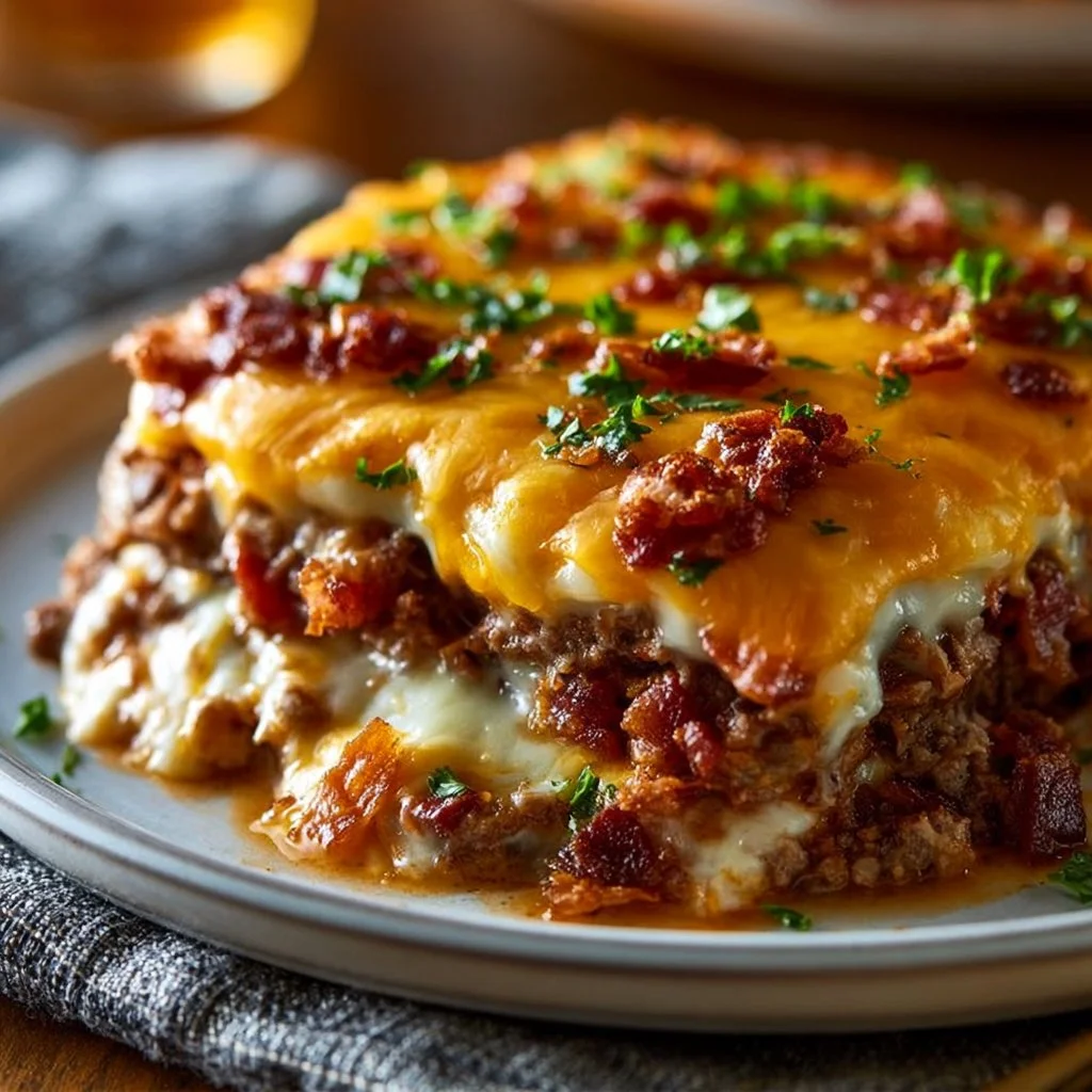 Delicious cheesy loaded meatloaf casserole served in a baking dish