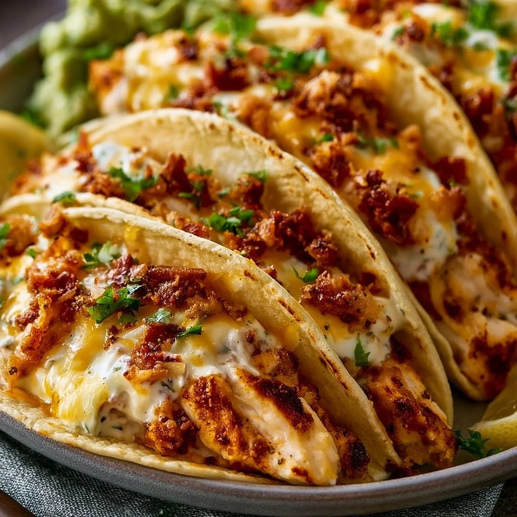 Cheesy oven-crispy chicken bacon ranch tacos with toppings