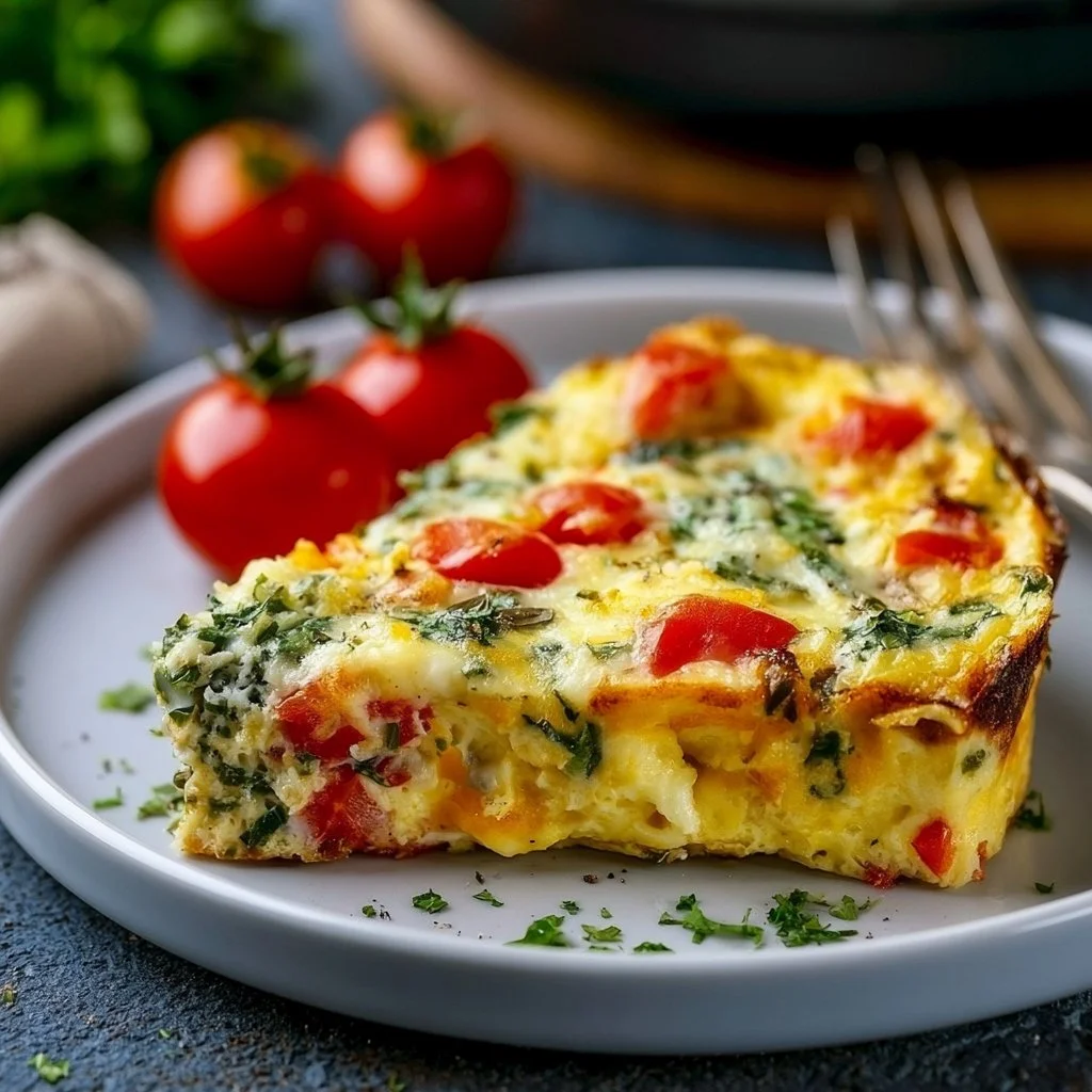 Cheesy protein packed egg frittata served on a plate with fresh herbs