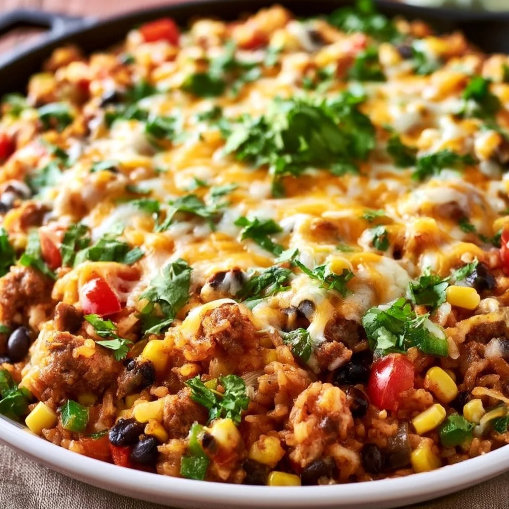 Cheesy Taco Rice Skillet topped with melted cheese and fresh toppings