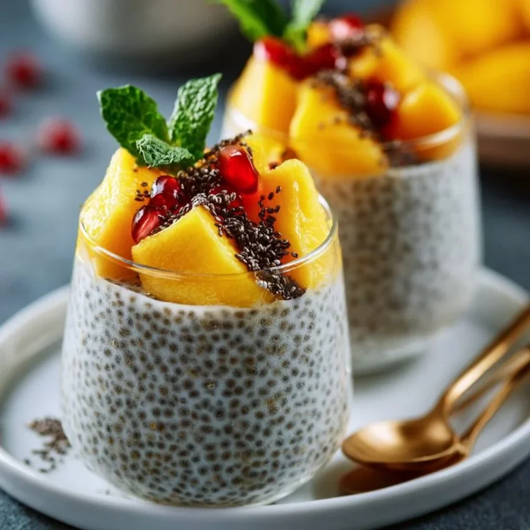 Chia seed pudding topped with fresh mango slices in a glass bowl