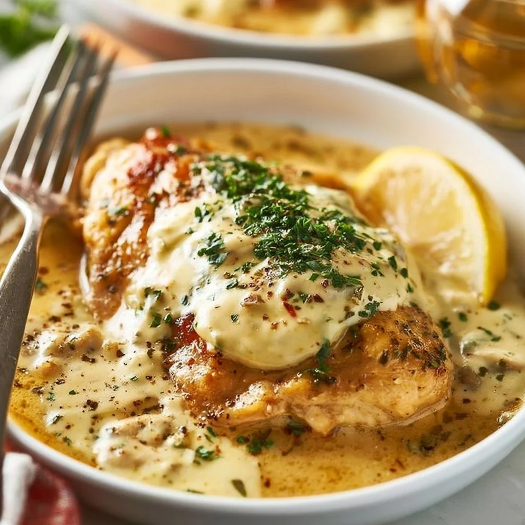 Delicious chicken in white wine sauce served in a rustic dish
