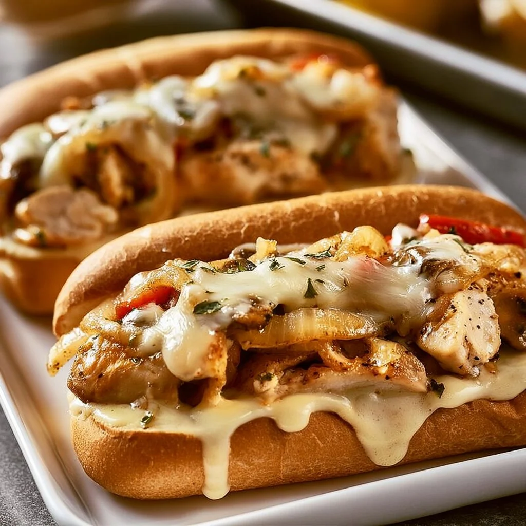 Delicious Chicken Philadelphia Cheese Steaks sandwich with melted cheese and toppings.