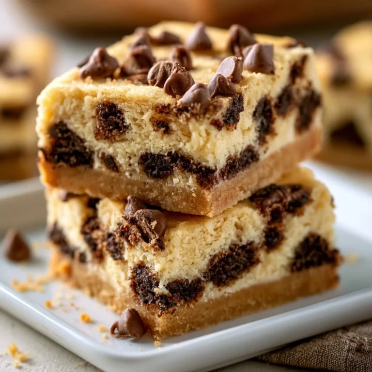 Delicious chocolate chip cheesecake bars with a creamy layer and cookie topping.