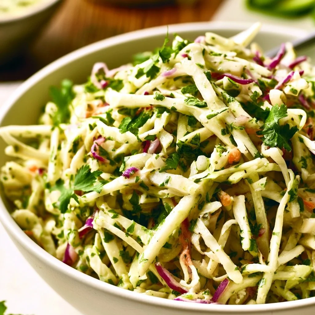 A vibrant bowl of cilantro lime slaw with fresh vegetables and lime dressing