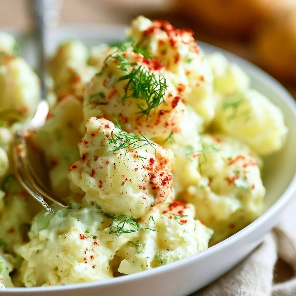 Classic potato salad served in a bowl with herbs and spices.