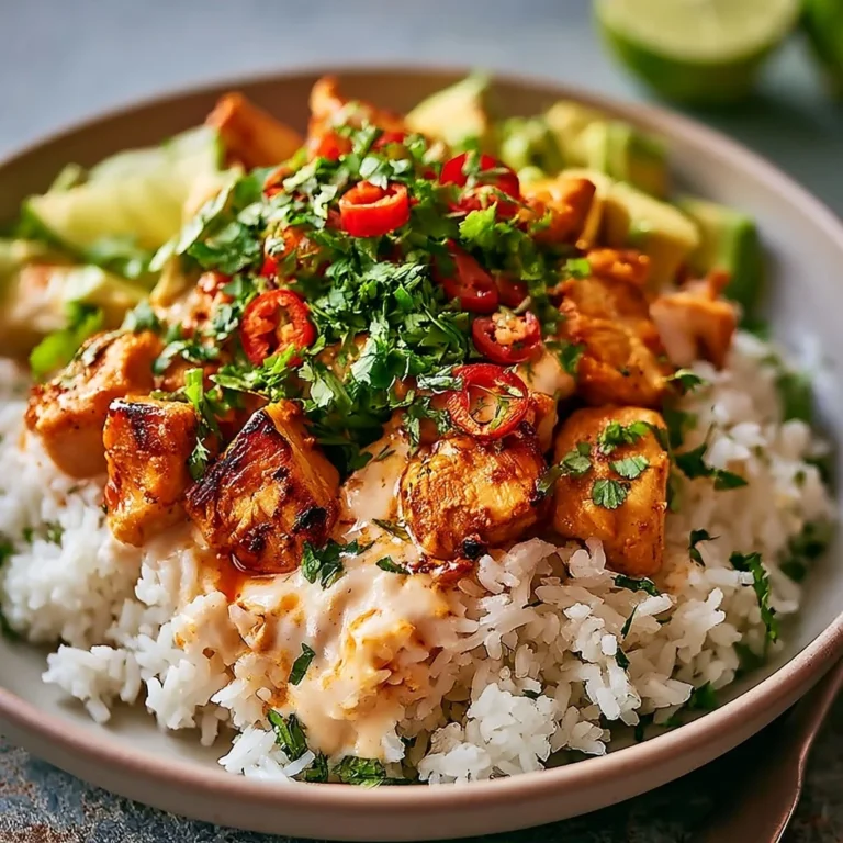 Delicious Coconut Chicken Rice Bowl with vibrant toppings and tropical flavors