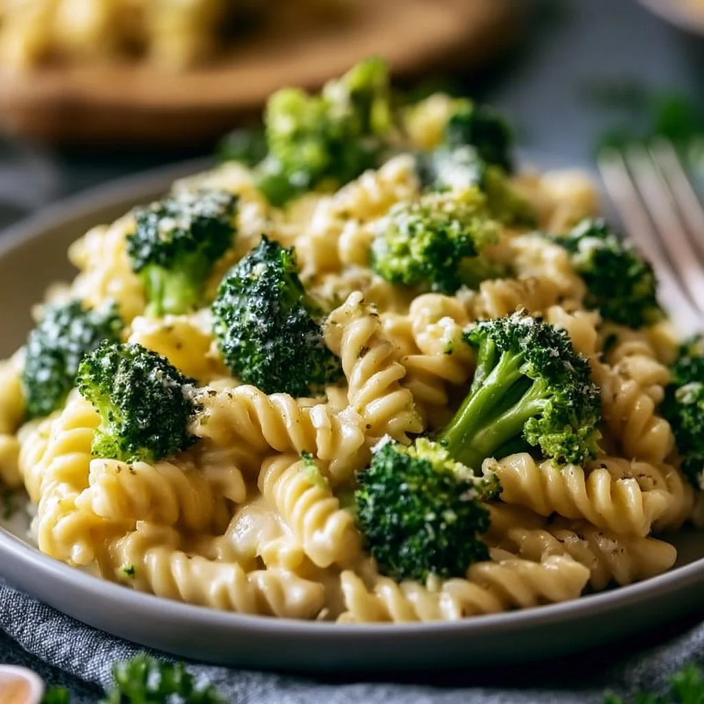 Creamy vegan broccoli Alfredo served in a bowl with fresh herbs