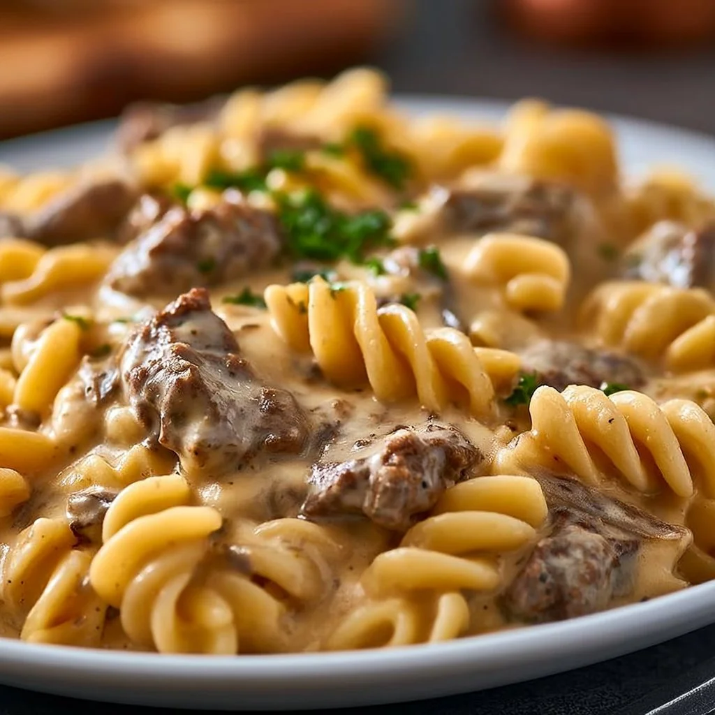 Creamy beef pasta dish served in a bowl with herbs