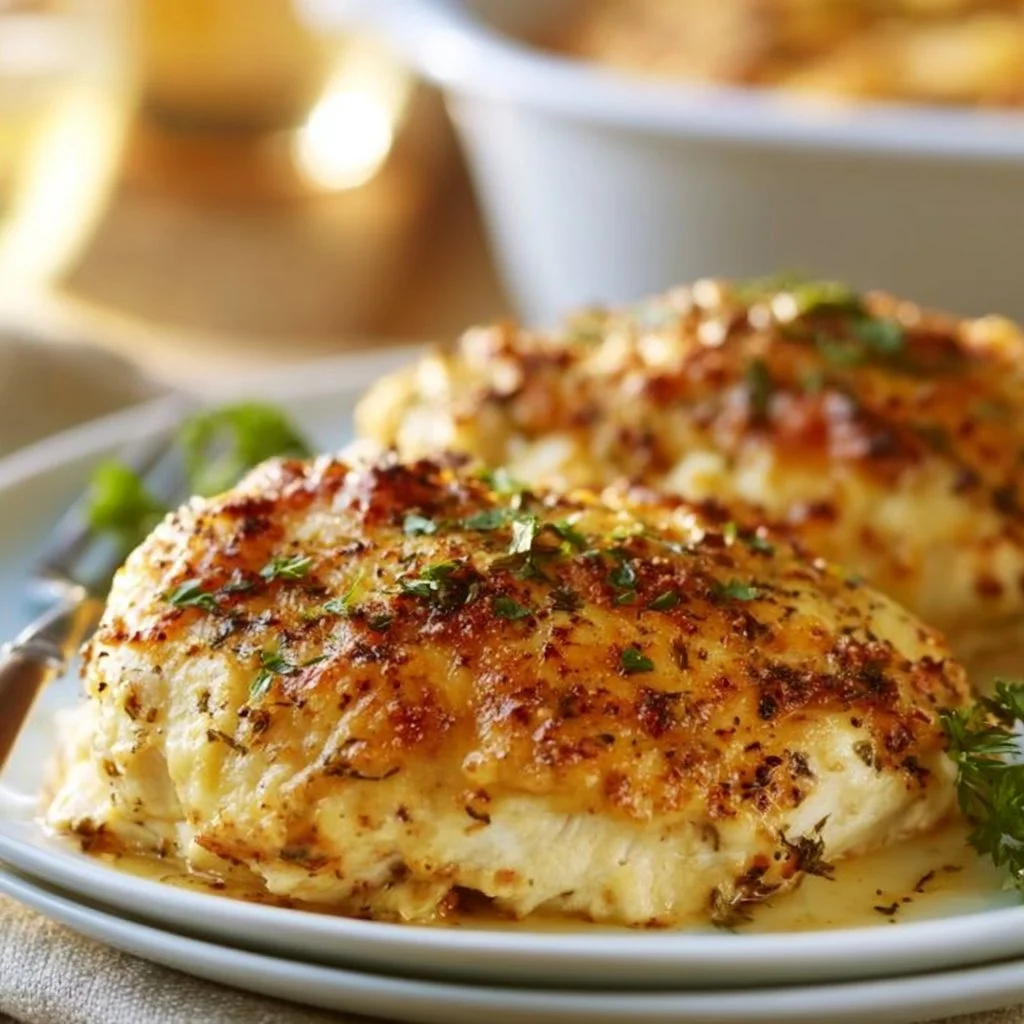 Creamy cheesy chicken bake topped with melted cheese and herbs