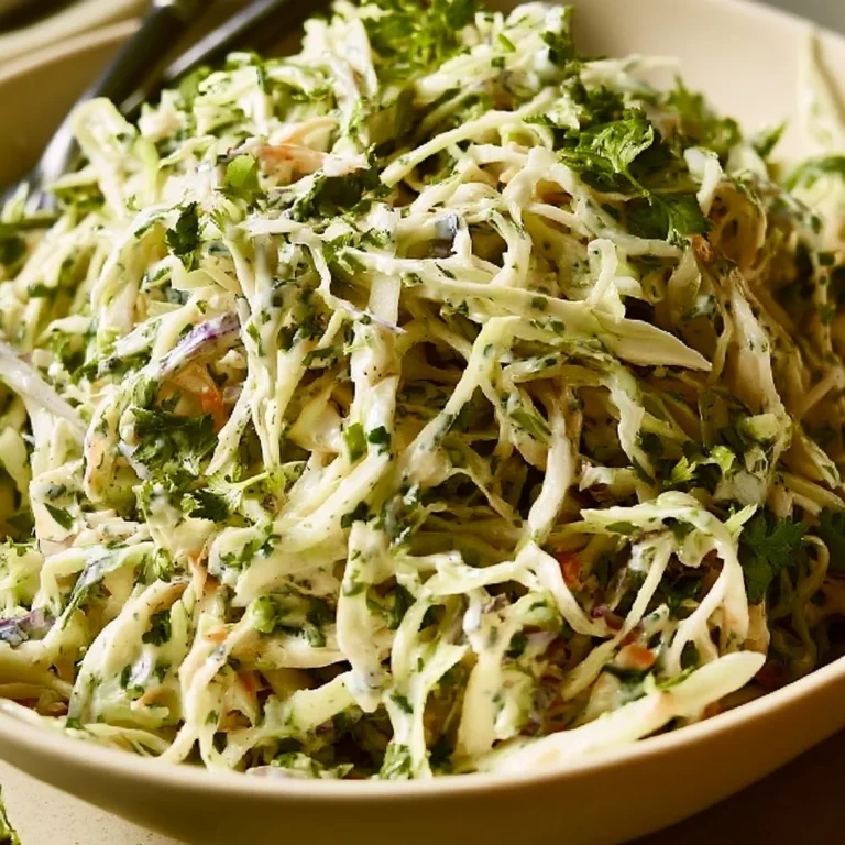 Creamy cilantro lime coleslaw in a bowl garnished with lime slices and cilantro.