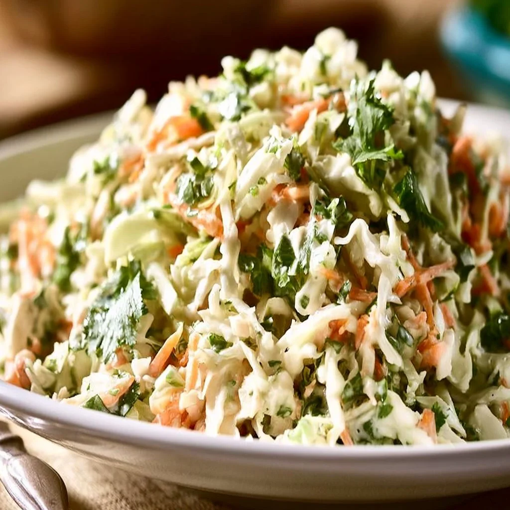 Creamy cilantro lime coleslaw served in a bowl with fresh cilantro garnish