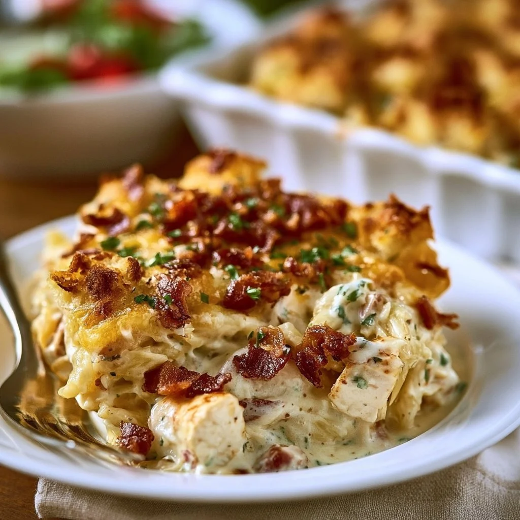 Creamy Crack Chicken Casserole with cheese and herbs in a baking dish