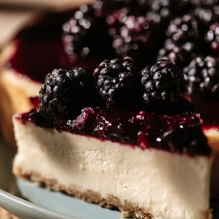 Deliciously creamy blackberry cheesecake topped with fresh blackberries
