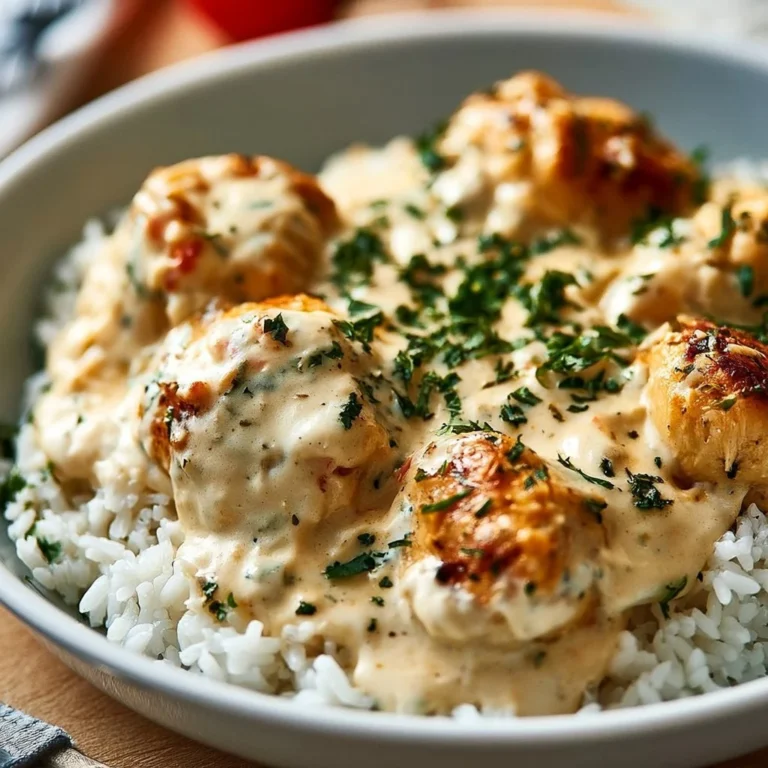 Creamy smothered chicken served over rice for a delicious meal