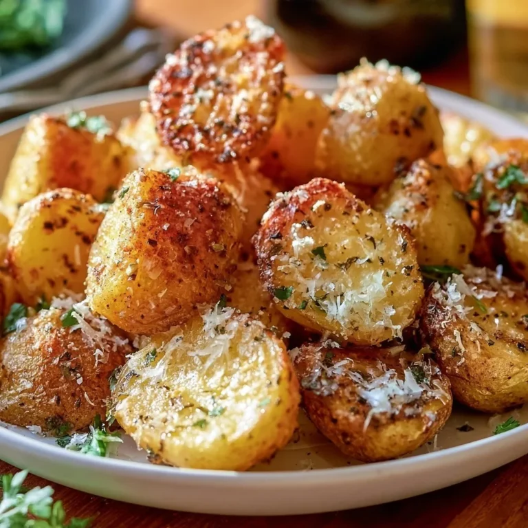 Crispy Garlic Herb Roasted Potatoes with Parmesan served in a bowl