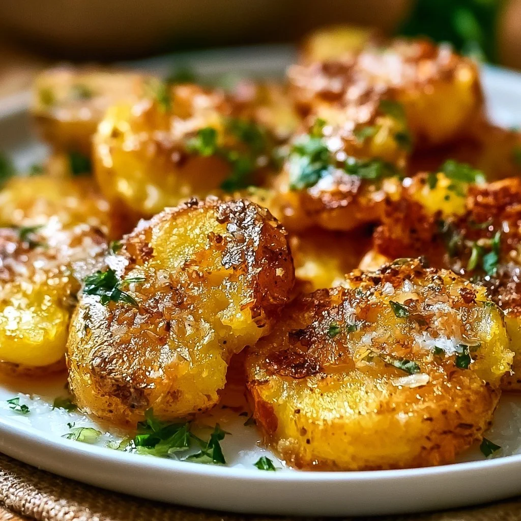 Plate of crispy garlic parmesan smashed potatoes garnished with parsley