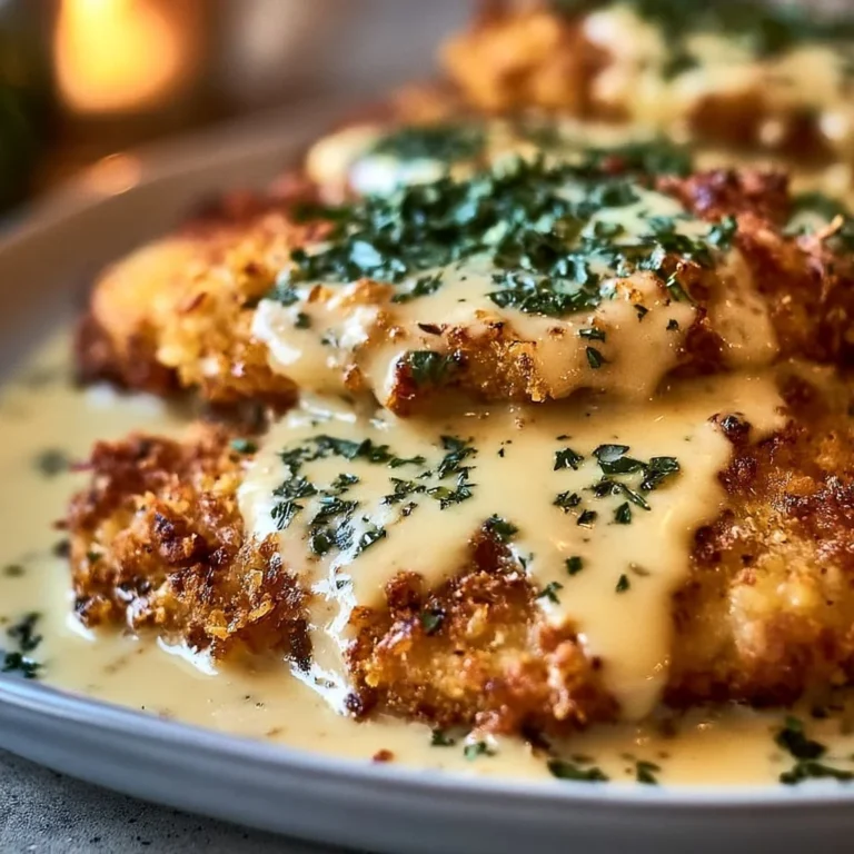Crispy Parmesan Chicken topped with garlic cream sauce served on a plate.