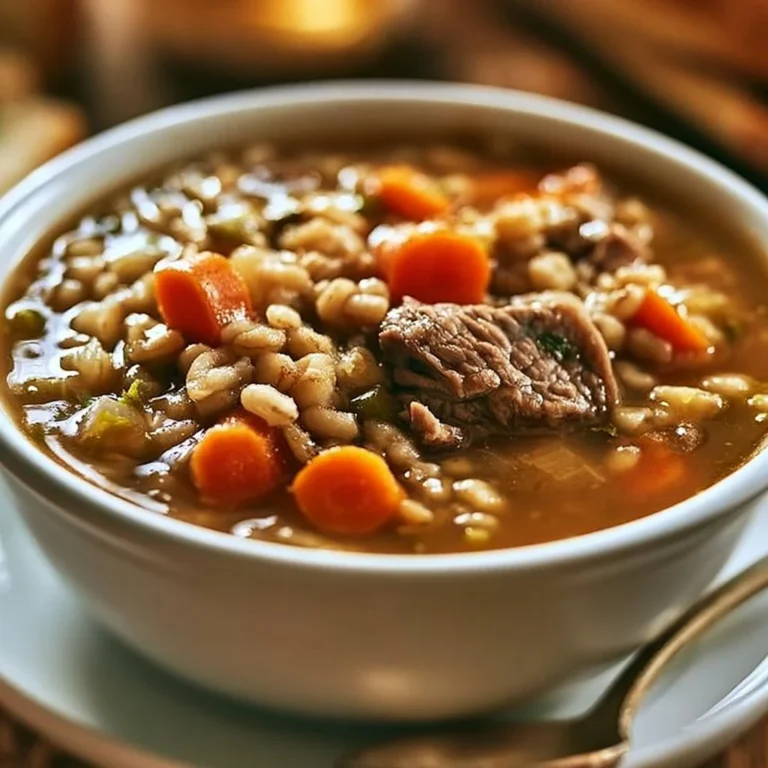Crockpot beef and barley soup served in a bowl with fresh herbs