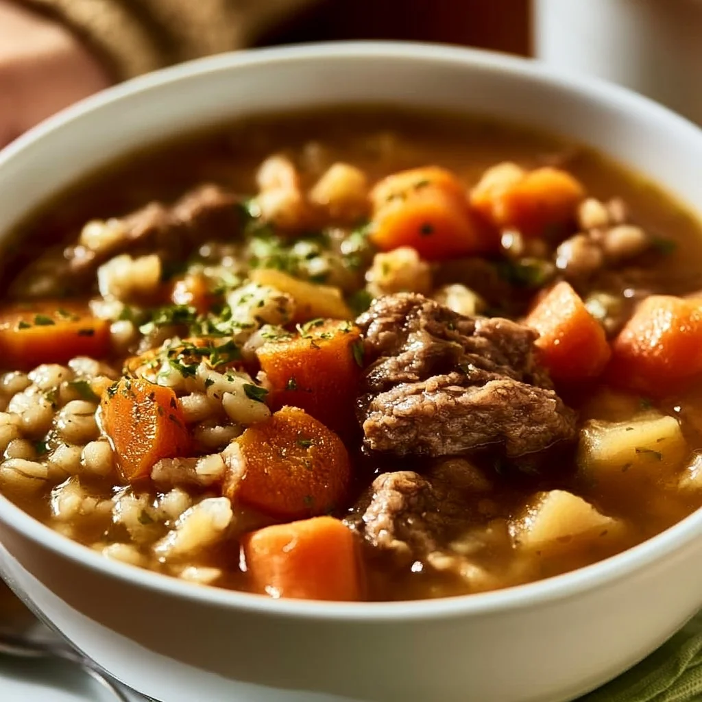 Crockpot Beef Barley Soup with vegetables and tender beef, simmering in a bowl.