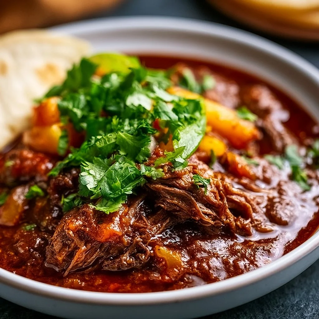 Crockpot Beef Birria served in a bowl with tortillas and toppings