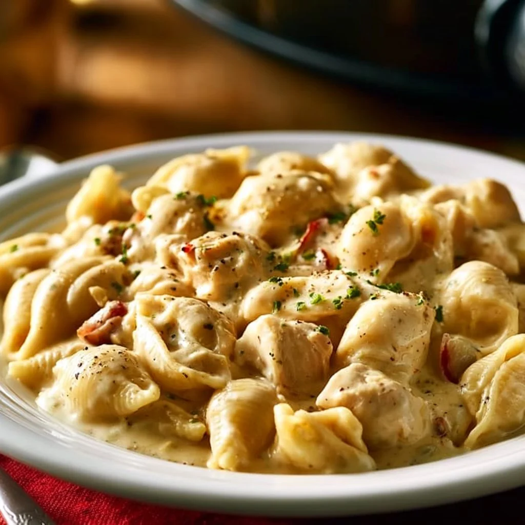 Crockpot Creamy Garlic Chicken Shells with herbs and noodles