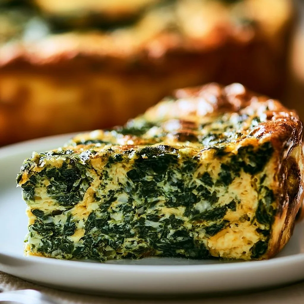 Crustless Spinach Quiche served on a plate with greens