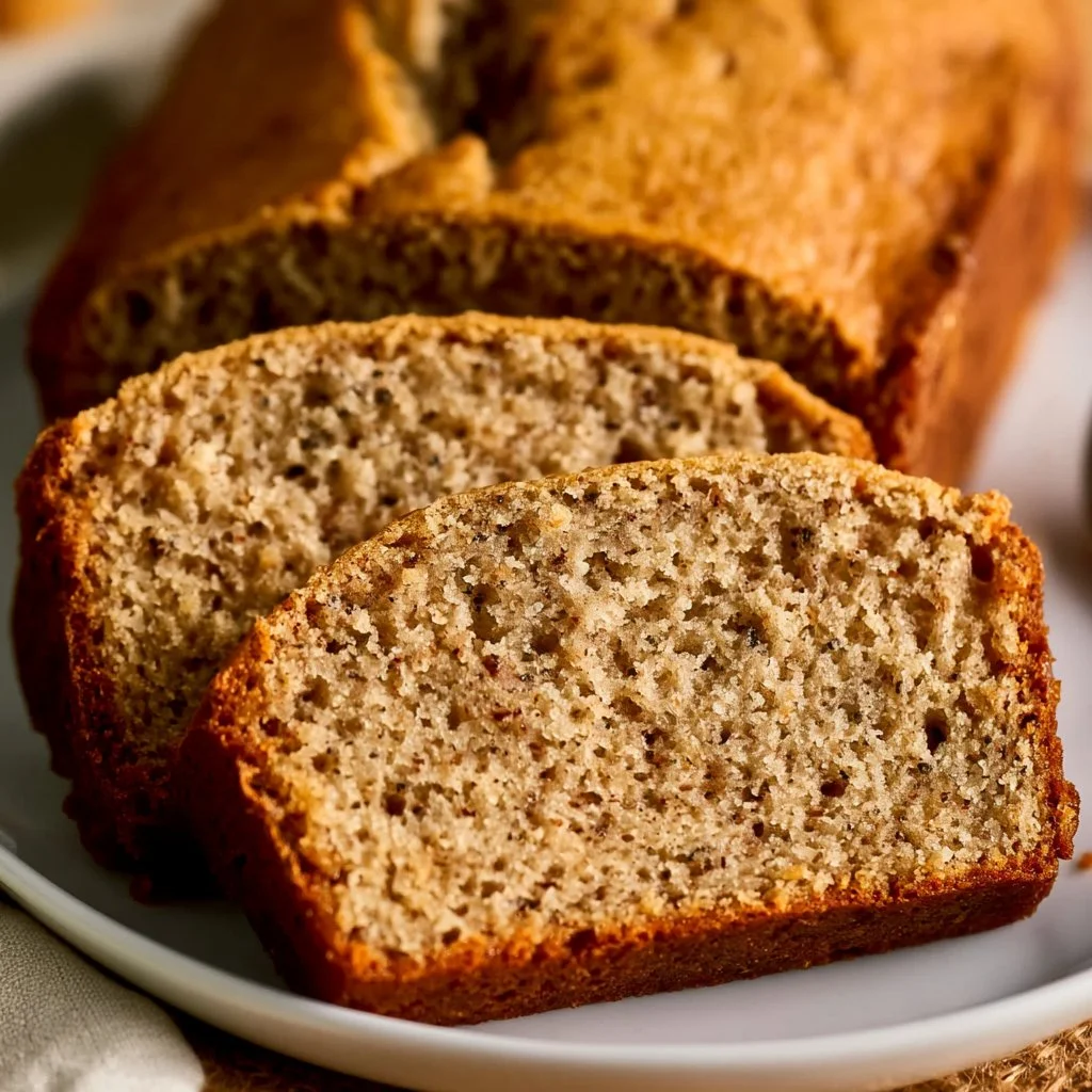 Easiest moist banana bread freshly baked with ripe bananas and nuts
