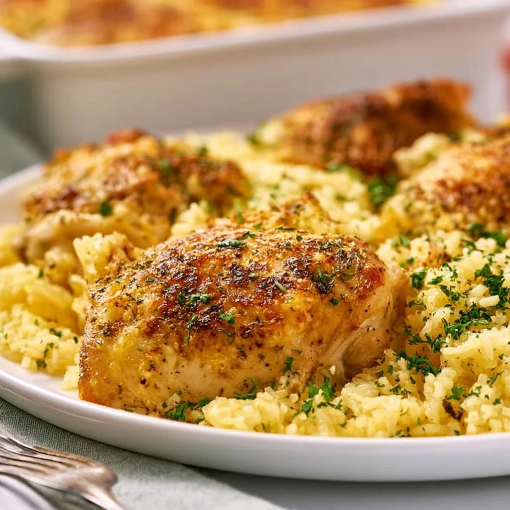 Delicious easy baked chicken served with fluffy rice on a plate.