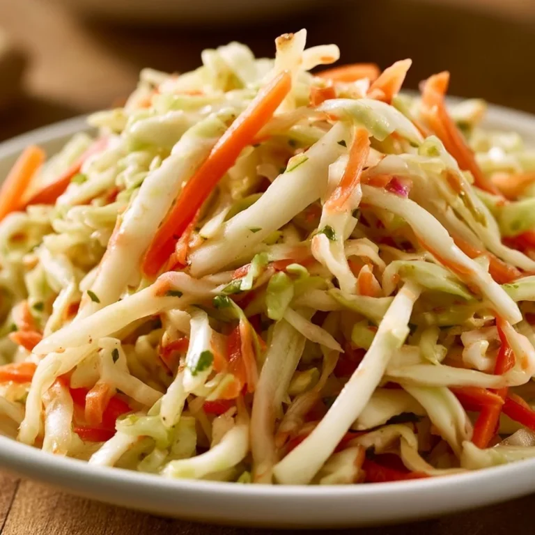 Bowl of easy cabbage slaw salad with colorful vegetables and dressing