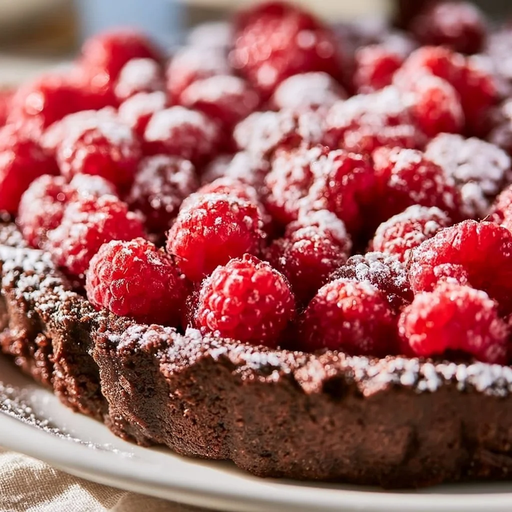 Delicious chocolate raspberry tart with fresh raspberries and chocolate