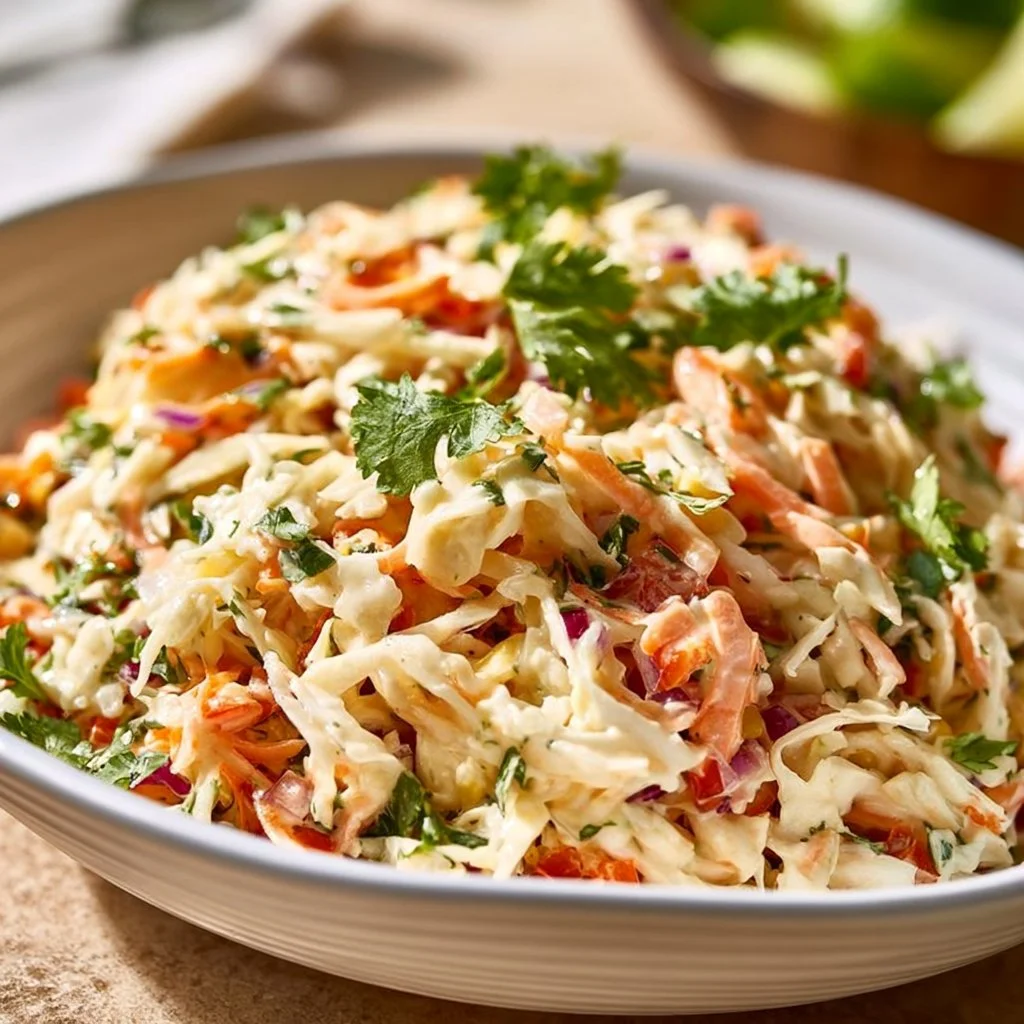 Bowl of Easy Mexican Coleslaw with fresh vegetables and lime dressing