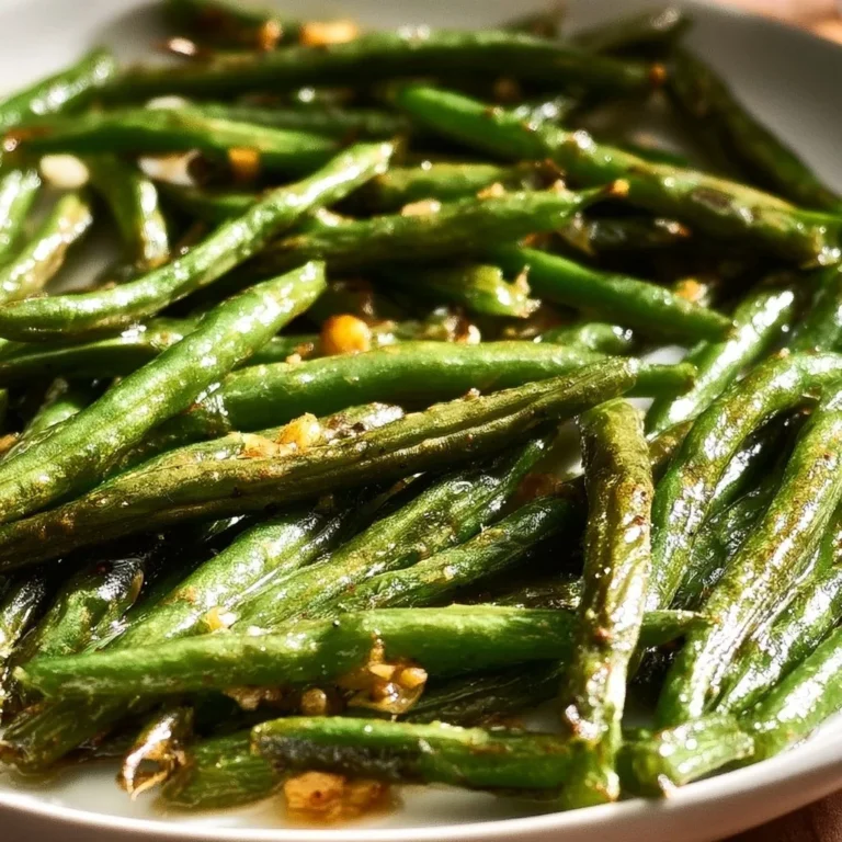 Easy roasted green beans with garlic served on a plate