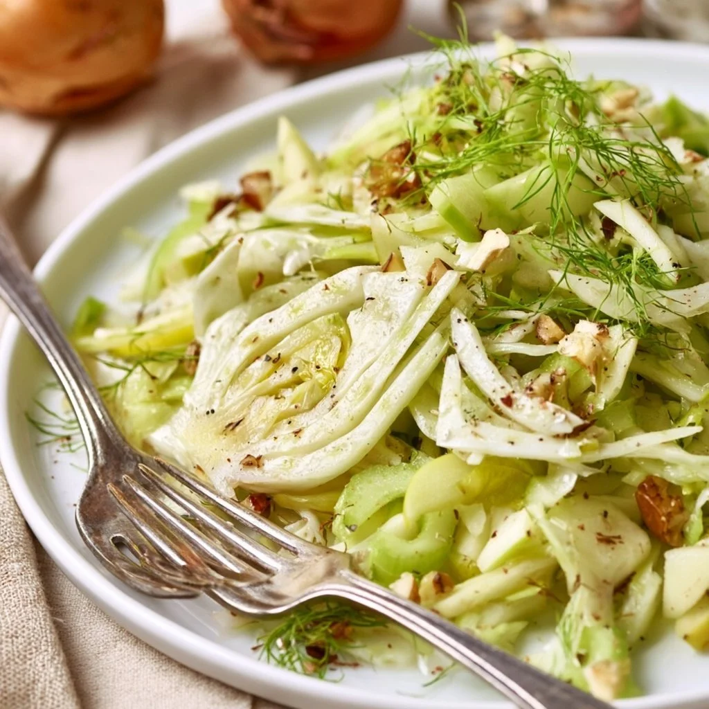 Fennel, apple, and celery salad in a bowl, garnished with herbs.