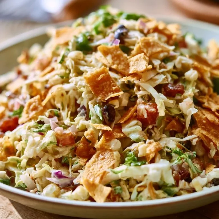 Delicious Frito Cowboy Cabbage salad topped with crunchy Fritos and fresh vegetables.