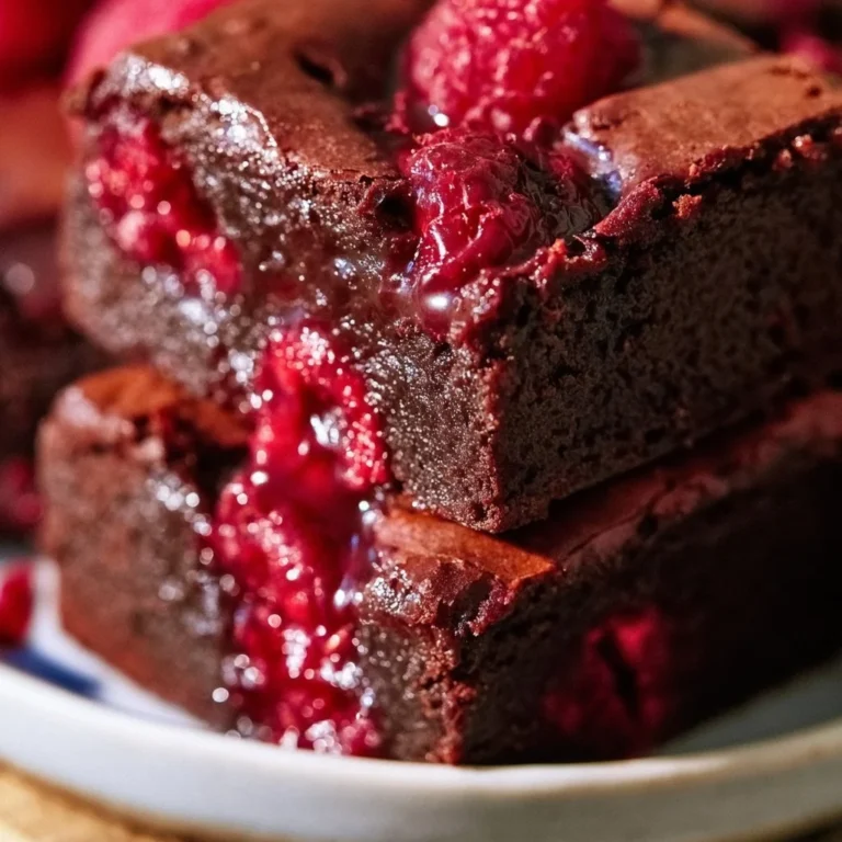 Delicious fudgy raspberry brownies topped with fresh raspberries and chocolate