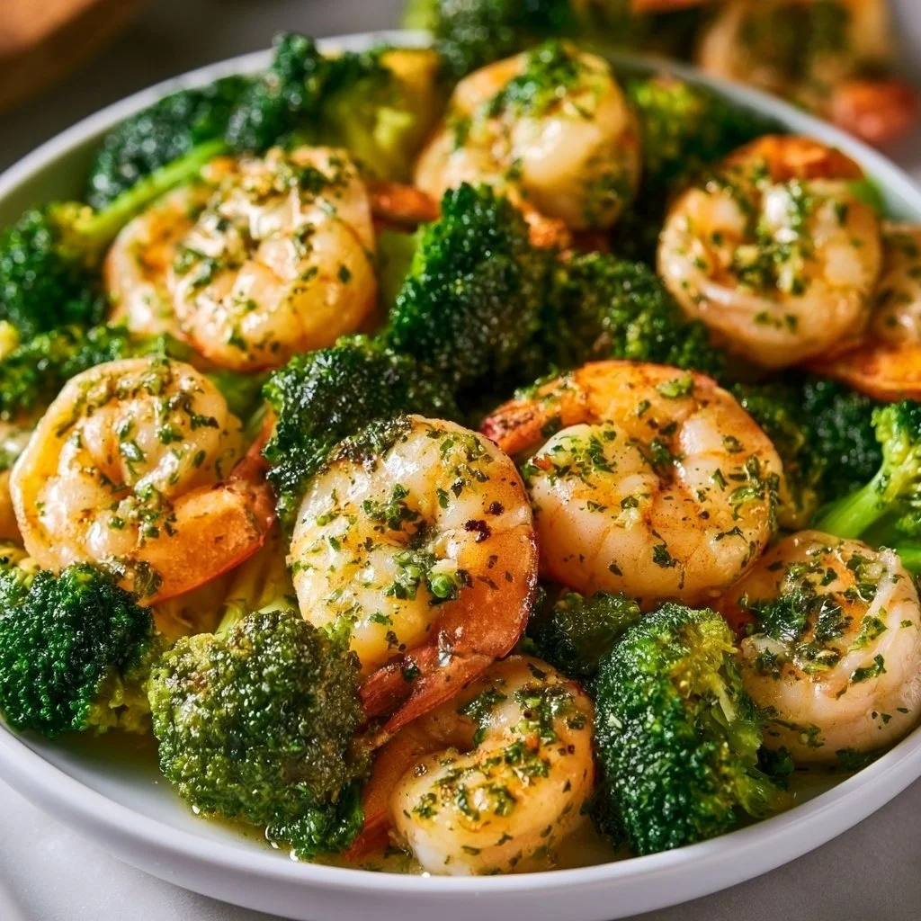 Garlic Butter Shrimp and Broccoli Skillet topped with fresh herbs and spices.