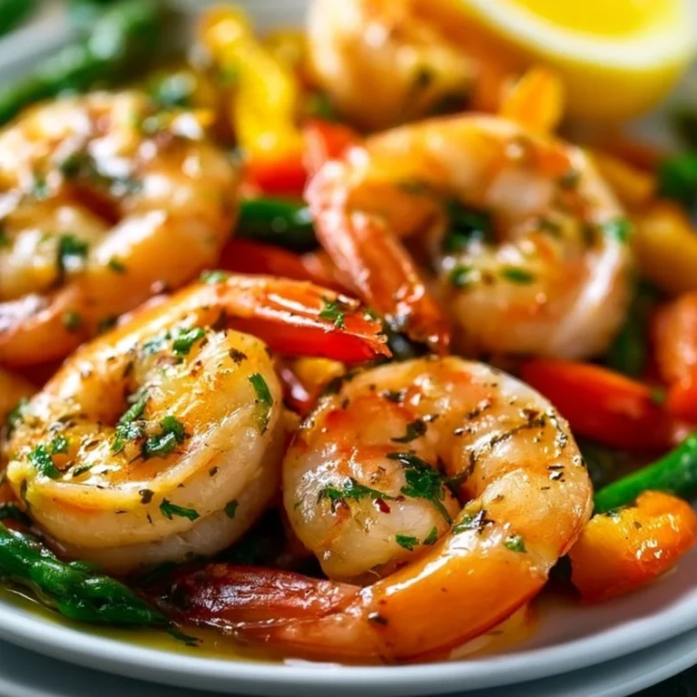 Delicious Garlic Butter Shrimp with fresh vegetables served in a skillet