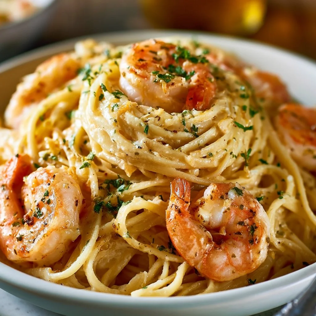 Creamy garlic shrimp linguine with herbs and spices in a bowl