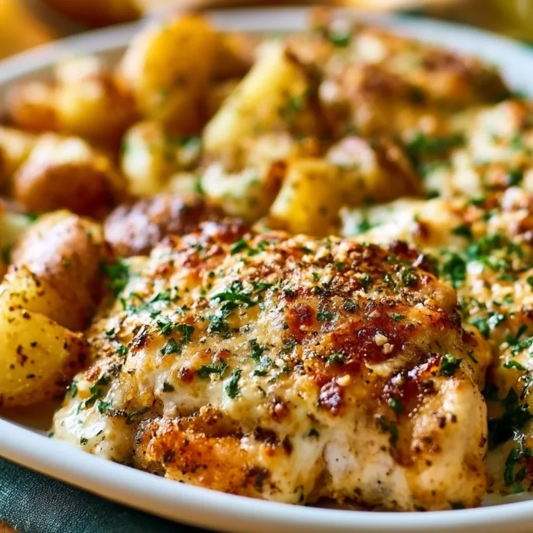 Garlic Parmesan Chicken served with roasted potatoes on a plate