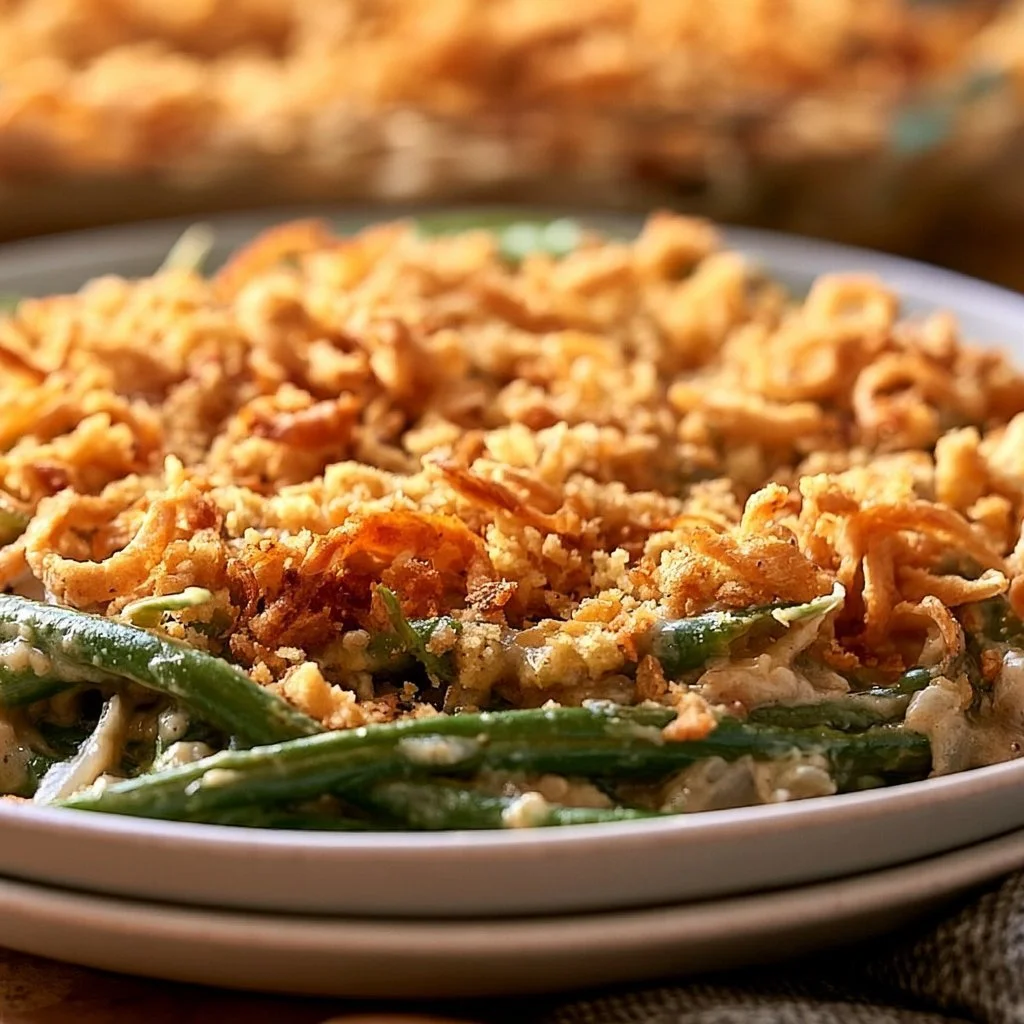 Garlic Parmesan Green Bean Casserole topped with crispy garlic and cheese