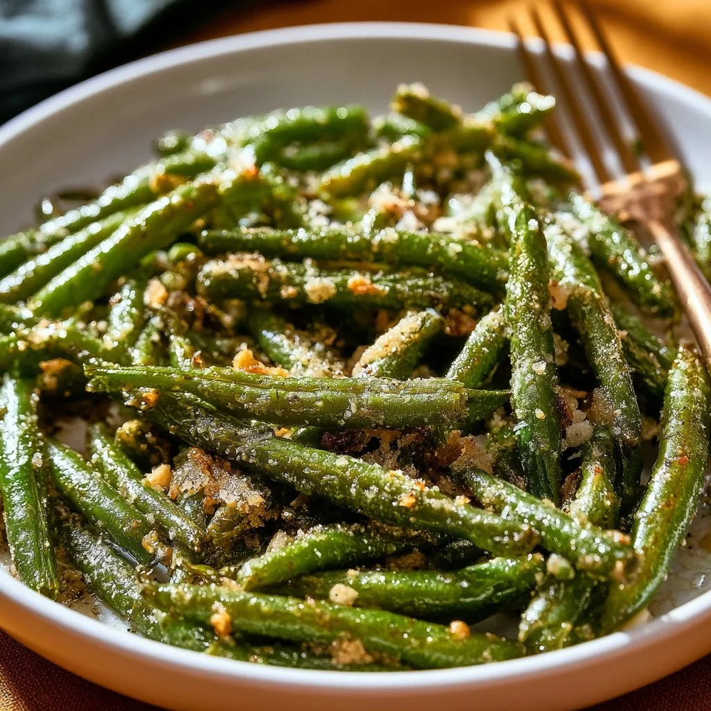 Plate of Garlic Parmesan Roasted Green Beans garnished with Parmesan cheese