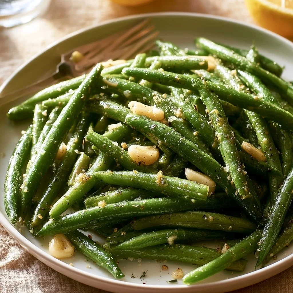 Plate of garlicky green beans garnished with garlic and herbs