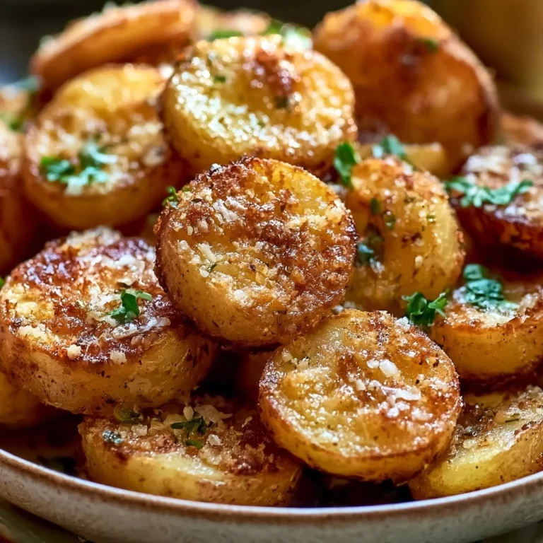 Golden crispy garlic butter parmesan potatoes served as a side dish