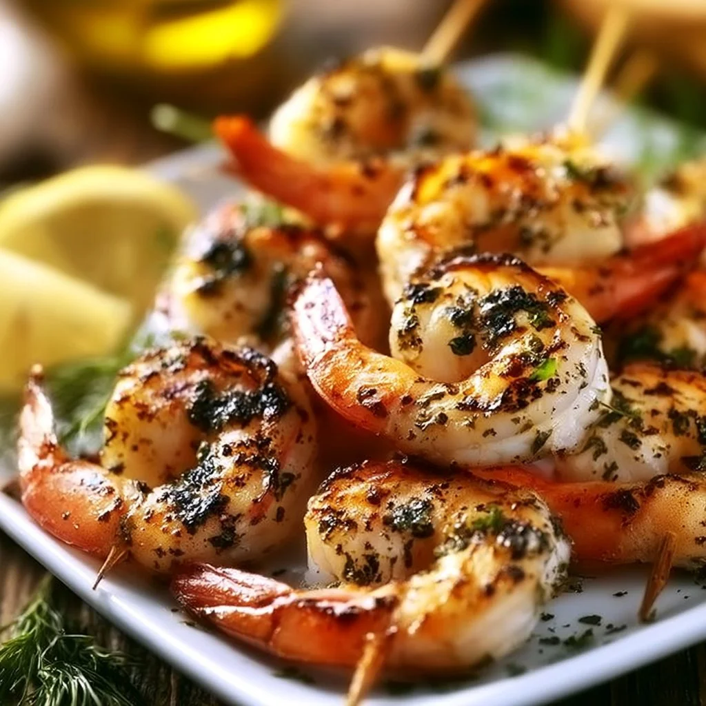 Delicious Greek-marinated shrimp skewers ready for grilling.