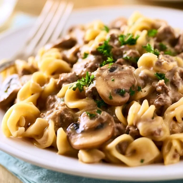 Plate of Ground Beef Stroganoff with noodles and creamy mushroom sauce