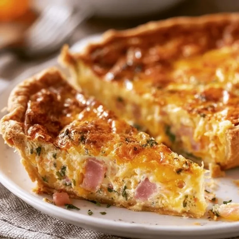 Homemade ham and cheese quiche served on a plate with fresh herbs
