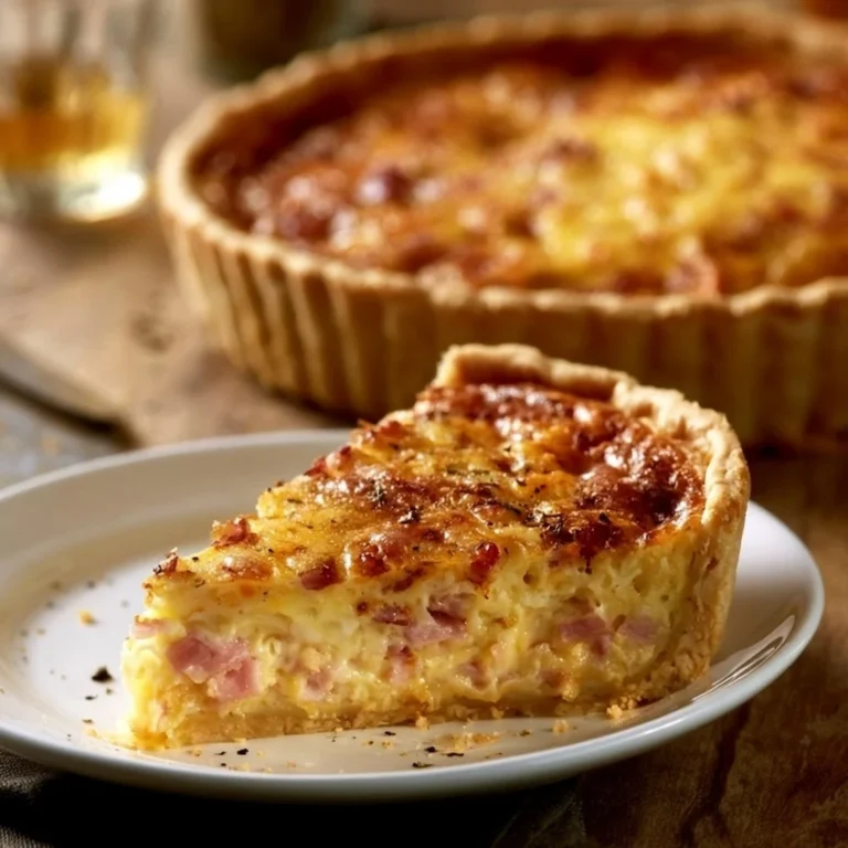 Delicious ham and cheese quiche served on a white plate with fresh herbs.