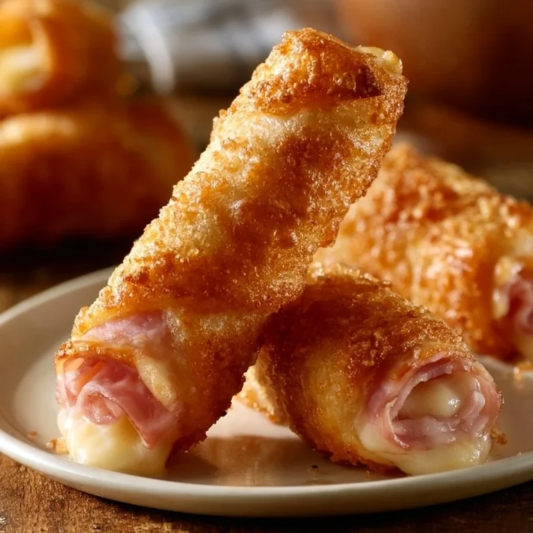 Homemade ham and cheese sticks on a wooden serving board